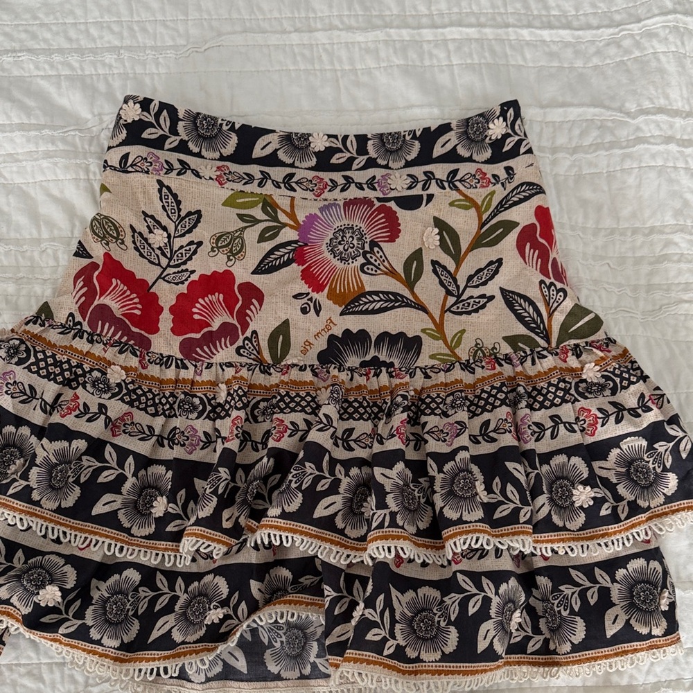 FARM Rio Garden Mini Skirt with Black Floral Borders and Red Accents